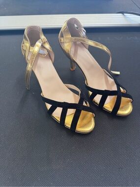 Gold and Black Strappy High Heel Sandals - Women